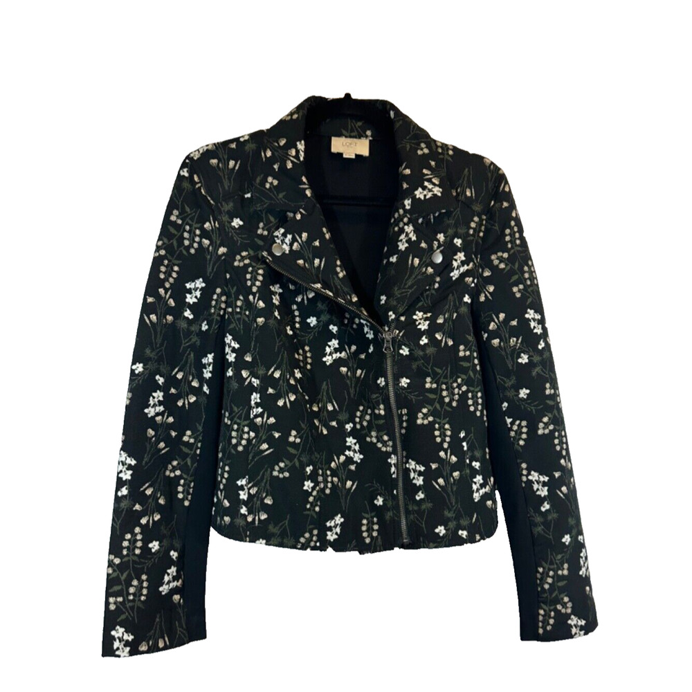 LOFT Black Floral Print Jacket With Asymmetrical Zipper Size 6 Embroidered A2